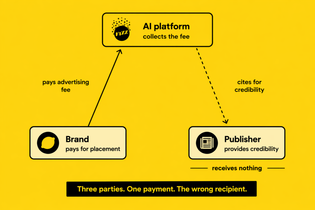 AI advertising publishers credibility transaction diagram showing brand, AI platform and publisher