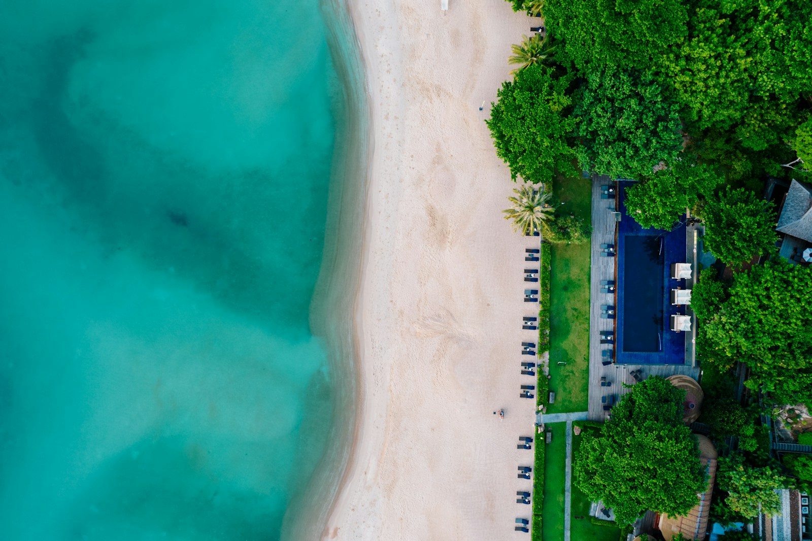 An aerial view of a beach and a resort