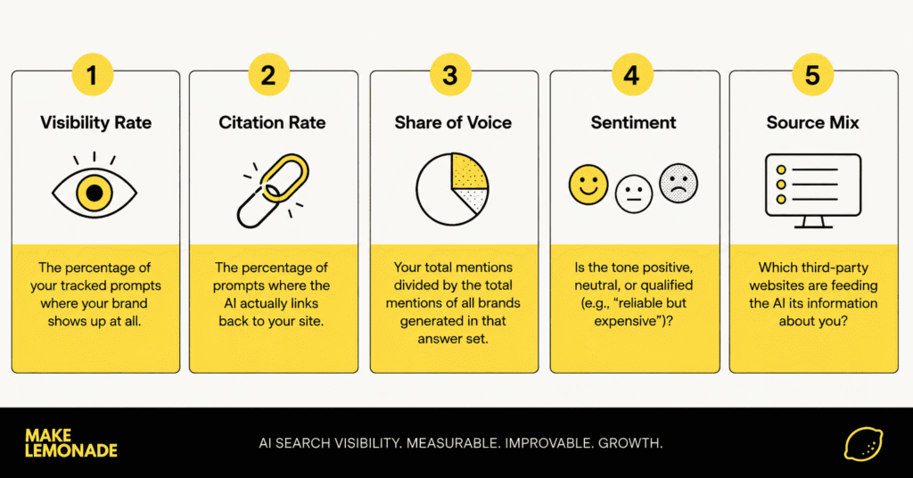 a diagram showing the 5 AI visibility metrics that matter