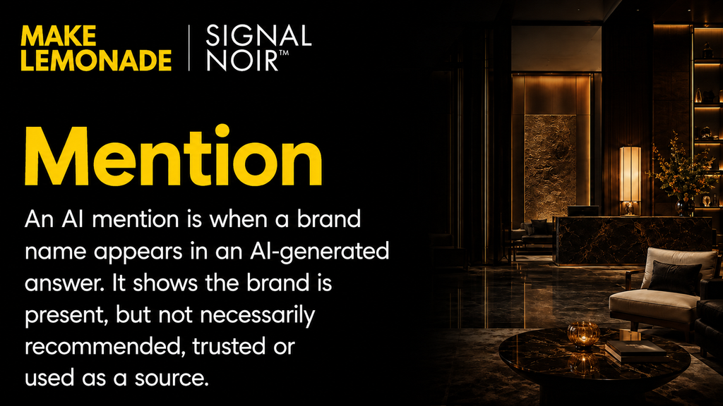 Definition of an AI mention, from Make Lemonade's guide to AI mentions, citations and sources