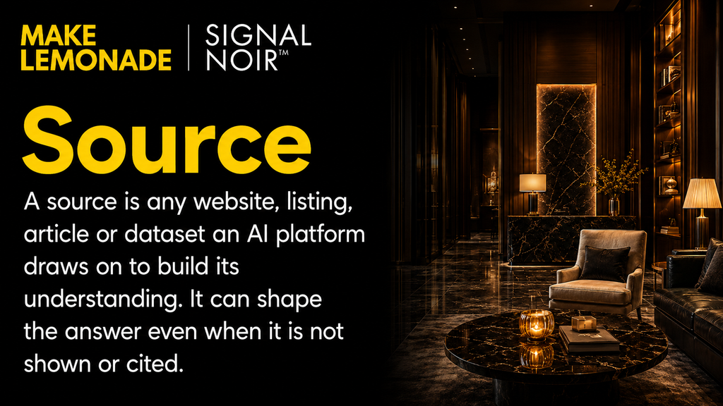 Definition of an AI source, from Make Lemonade's guide to AI mentions, citations and sources