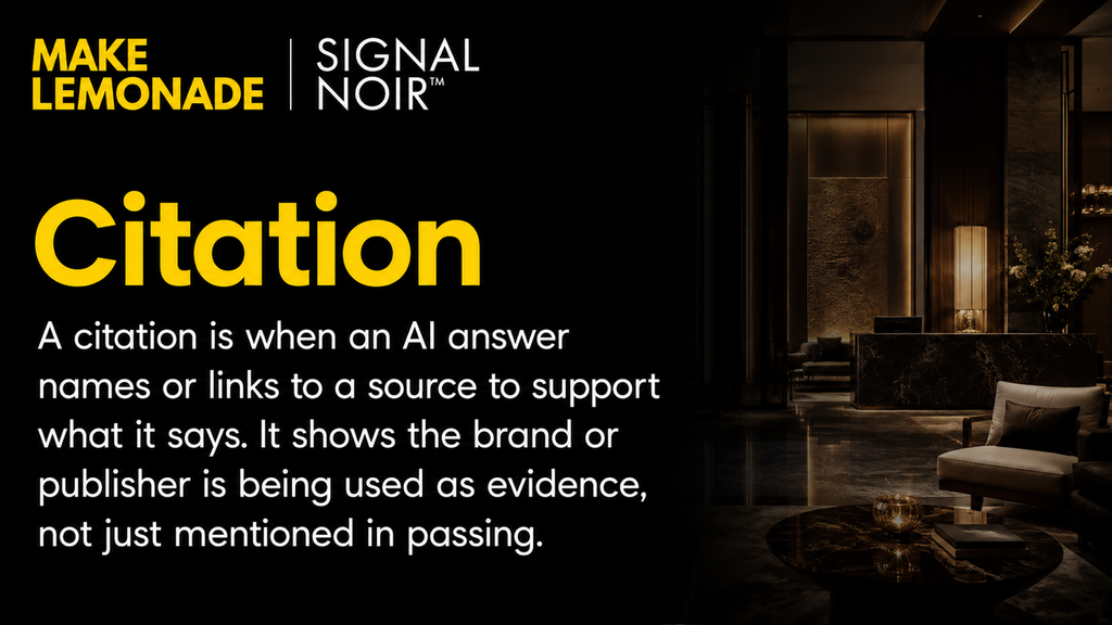 Definition of an AI citation, from Make Lemonade's guide to AI mentions, citations and sources